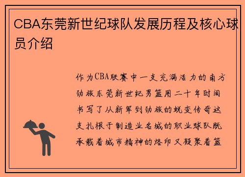 CBA东莞新世纪球队发展历程及核心球员介绍