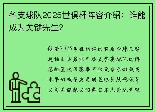 各支球队2025世俱杯阵容介绍：谁能成为关键先生？
