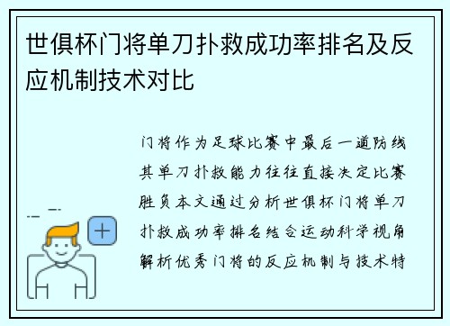 世俱杯门将单刀扑救成功率排名及反应机制技术对比